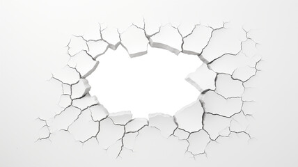 Cracked hole, transparent hole in the wall, broken white wall with a transparent hole in the center