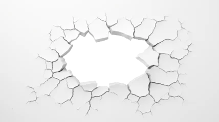Fotobehang Cracked hole, transparent hole in the wall, broken white wall with a transparent hole in the center © Mrt