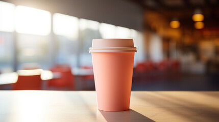 A solitary peach-colored coffee cup stands on a table, basking in the soft glow of a cafe’s ambient light, creating a welcoming mood for a coffee break. Peach Fuzz 