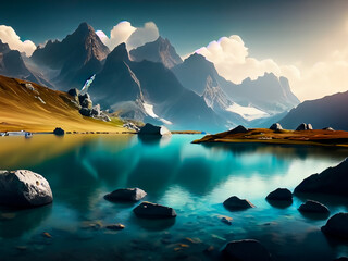 paisaje de montaña realista con lago y una cascada al fondo