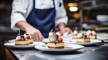 Fototapeta na wymiar Celebration Elegance: Close-Up of Chef in Commercial Kitchen Artfully Preparing Tiny Birthday Cakes with Fruits, A Cake Extravaganza for a Meal That Balances Freshness and Flavor
