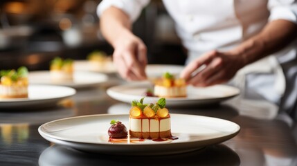 Obraz na płótnie Canvas Crafting Culinary Magic: Chef's Artful Preparation of Cheesecake Topped with Fresh Apricot and Mint Leaves- A Tempting Dessert to Satisfy Every Sweet Tooth.