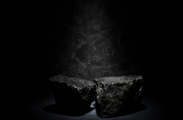 black granite for the pedestal stand. composition of stones on a dark background for product presentation - obrazy, fototapety, plakaty