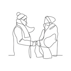One continuous line drawing of a couple wearing winter clothes vector illustration. Winter season design illustration simple linear style vector concept. Couple design concept illustration