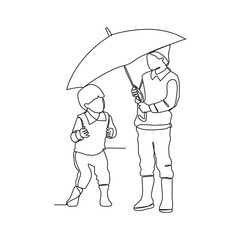One continuous line drawing of people use umbrellas during the rainy season vector illustration. Rainy season activity design illustration simple linear style vector concept.