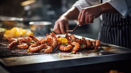 Savor the Flavor: Expertly Grilled Shrimp, Crafted by a Seasoned Chef in a Professional Kitchen, Offering a Taste Sensation That Transcends Culinary Excellence.