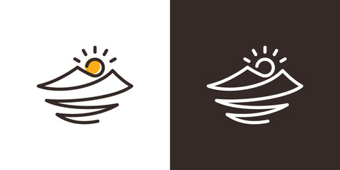 Mountain Sunrise Logo Design. Simple Mountain, Water Waves and Sun Combination Concept with Lineart ,Outline, Minimalist Style. Icon Symbol Logo Design Template.