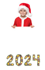 Santa Claus holds christmas poster and 2024 number