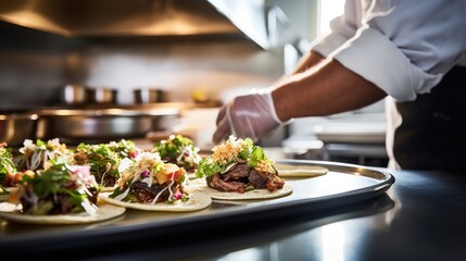 Gourmet Taco Extravaganza: Chef in Commercial Kitchen Close-Up, Skillfully Preparing Tacos for Service, Unveiling a Visual and Flavorful Feast with Emphasis on Artful Plating.




 - obrazy, fototapety, plakaty