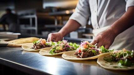 Obraz na płótnie Canvas Gourmet Taco Extravaganza: Chef in Commercial Kitchen Close-Up, Skillfully Preparing Tacos for Service, Unveiling a Visual and Flavorful Feast with Emphasis on Artful Plating.