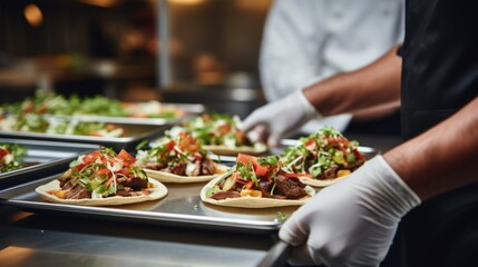 Gourmet Taco Extravaganza: Chef in Commercial Kitchen Close-Up, Skillfully Preparing Tacos for Service, Unveiling a Visual and Flavorful Feast with Emphasis on Artful Plating.




 - obrazy, fototapety, plakaty