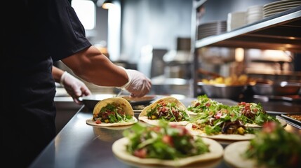 Gourmet Taco Extravaganza: Chef in Commercial Kitchen Close-Up, Skillfully Preparing Tacos for Service, Unveiling a Visual and Flavorful Feast with Emphasis on Artful Plating.





