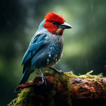 A beautiful little blue bird with a red crest perched on a tree branch in the forest