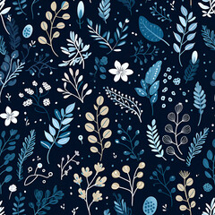 Vintage christmas decoupage paper seamless pattern with botanical elements, leafs, branches on blue dark background forfabric and paper design
