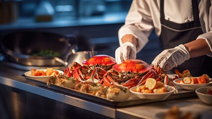 Culinary Mastery: Chef Expertly Preparing Seafood Delicacies in Commercial Kitchen.




