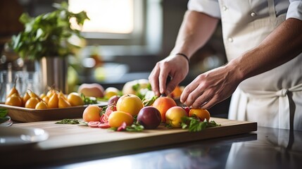Fruitful Mastery: Close-Up of Chef in Commercial Kitchen Expertly Preparing Fresh Fruit for Service, Crafting a Culinary Masterpiece with Precision and Gourmet Flair.


