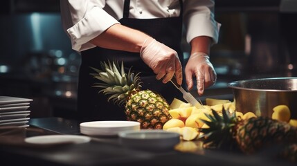 Exotic Elegance: Professional Chef Cutting and Preparing a Pineapple, Demonstrating Culinary Artistry and Expertise in Crafting a Fresh and Delicious Tropical Presentation - obrazy, fototapety, plakaty