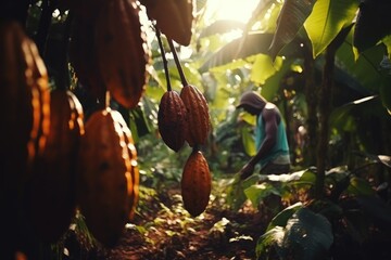Cocoa Harvest: Explore the Vibrant Cocoa Plantation, Where Workers Harvest Cocoa Pods and Undertake Agricultural Processing, Unveiling the Essence of the Cocoa Industry - obrazy, fototapety, plakaty