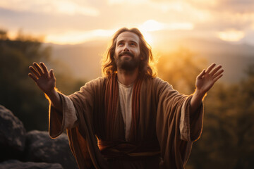 Jesus Christ with outstretched hands, a compassionate expression, set against a backdrop of a golden sunrise, symbolizing hope and redemption - obrazy, fototapety, plakaty