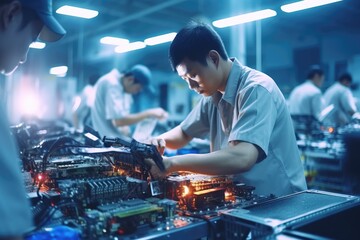 Fototapeta na wymiar High-Performance Electronics: Dive into the Industrial Environment of an Electronics Assembly Line, where Workers Employ Precision and Automation in a High-Tech Setting for Efficient Manufacturing.