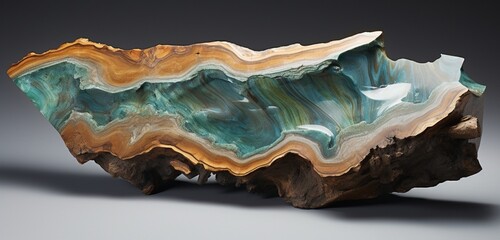 Immersed in cool tones, the cut and polished fossilized wood from Washington State unveils its detailed patterns, a symphony of earthy blues and greens captured in high definition.