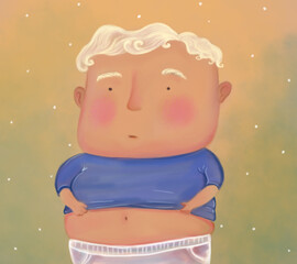 excess weight problem. illustration of a boy with a belly - 692253678