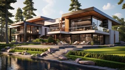 Fototapeta na wymiar 3d rendering of modern house by the river at morning, house, luxury, villa, modern, architecture, building, exterior, residential, property, designer.