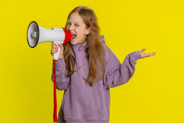 Young preteen child girl kid talking with megaphone, proclaiming news, loudly announcing...
