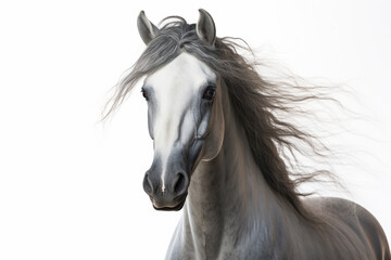Gray Arabian Horse close-up portrait on a white background.	