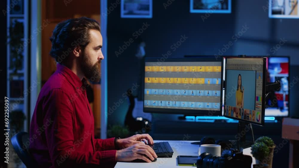 Aufkleber happy photographer using retouching program to edit images on computer monitors. portrait of smiling