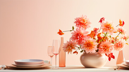 centerpiece decoration with melon-colored flowers, with plates, bottle and glass