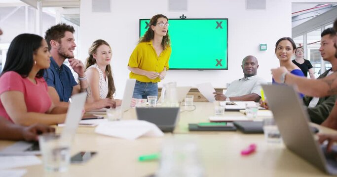 Creative people, green screen presentation and meeting for teamwork, collaboration and graphic designer questions. Business woman, manager and group talking, planning ideas and computer mockup space