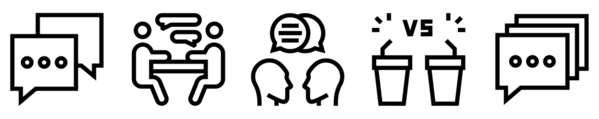Conjunto de iconos de discusión. Comunicación. Bocadillos de diálogo, reunión, personas hablando, debate, comentarios. Ilustración vectorial
