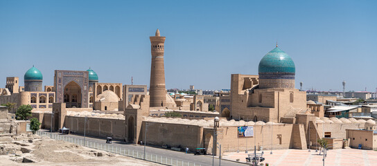 Bukhara, Uzbekistan Aerial view of Kalan Minaret Emir and Alim Khan madrasah