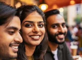 Obraz premium Indian friends group smiling, having a good time at coffee shop. Coffee shop reunion/meeting with old friends concept.