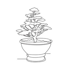 One continuous line drawing of a very nice bonsai plant in front of the house vector illustration. Bonsaiplant design illustration simple linear style vector concept. plant design illustration