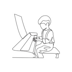One continuous line drawing of a child is playing the piano in his house vector illustration. Music activity design illustration simple linear style vector concept. Playing piano design illustration