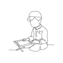 One continuous line drawing of a child is reading the Qur'an in the mosque vector illustration. Religius activity design illustration simple linear style vector concept. reading the Qur'an design.