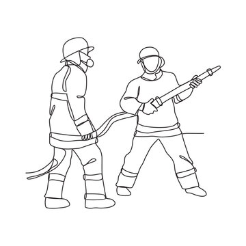 recommend clip art: One continuous line drawing of The fire fighter brigade is on duty to put out the blazing fire vector illustration. Fire Fighting design illustration simple linear style vector concept.