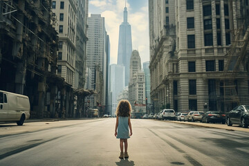 A little girl is standing in the middle of the street, people are walking around, hurrying. Nobody pays attention. Big skyscrapers. generative ai