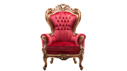 A regal red velvet throne, adorned with a golden frame, isolated in the image