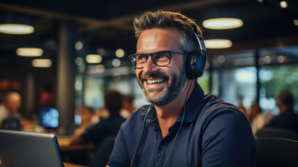 Customer service executive talking through headset in office