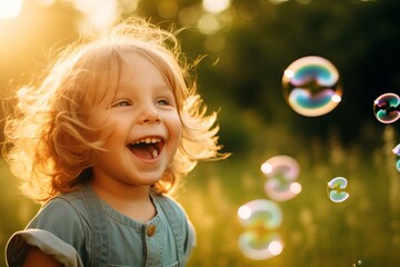 Photo of a joyful child blowing bubbles in a sunny park. Generative AI - obrazy, fototapety, plakaty