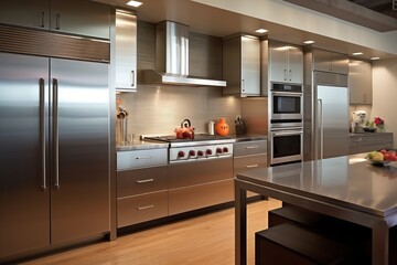 Photo of a modern kitchen with sleek stainless steel appliances. Generative AI