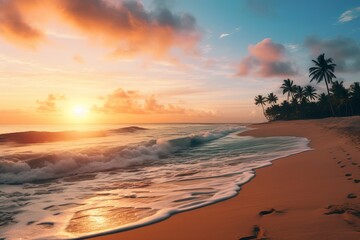 Fototapeta na wymiar Photo of a serene and secluded beach at sunrise. Generative AI