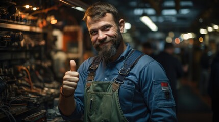Car technician giving thumbs up with wrench - obrazy, fototapety, plakaty