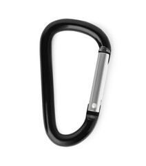 One black carabiner isolated on white, top view