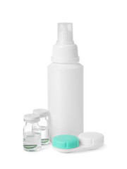 Color contact lenses and bottles of solution isolated on white