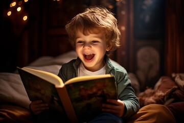 Fototapeta na wymiar Photo of a young child reading a book with enthusiasm. Generative AI