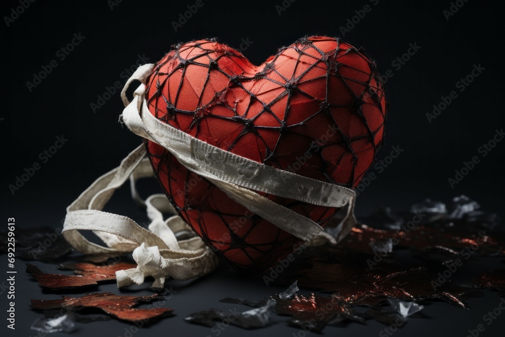Poster sewn and glued heart. background with selective focus and copy space